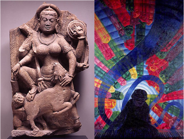 An ancient Indian relief of Durga combined with a painting by Russolo