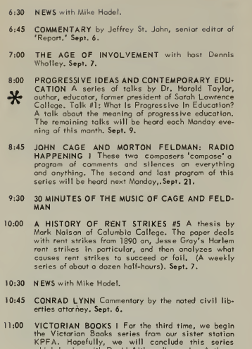 WBAI program guide listings from 5 Sep 1966, including first Radio Happening