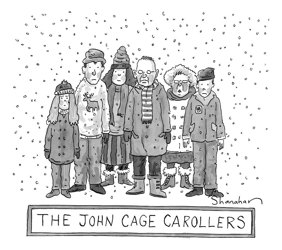 A group of carollers stand in the snow, silently